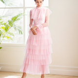 Vintage high neck Layered Ruffle tutu Skirt tulle prom dress with sleeves