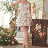 Andrea & Leo WL085 Dimensional Floral & Lace Strapless Short Bridal Midi Dress