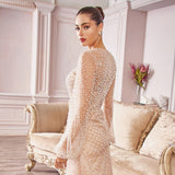 Andrea & Leo A0997 Pearl Beaded Long Sleeve Fit and Flare Long Dress