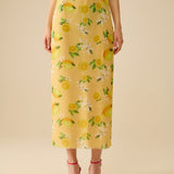 Yellow Fitted midi skirt with lemon print in mesh fabric