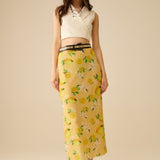 Yellow Fitted midi skirt with lemon print in mesh fabric