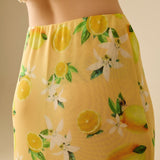 Yellow Fitted midi skirt with lemon print in mesh fabric