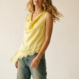 Yellow Satin Sleeveless Top with Lace Trim