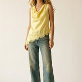 Yellow Satin Sleeveless Top with Lace Trim