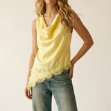Yellow Satin Sleeveless Top with Lace Trim