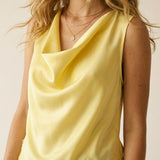 Yellow Satin Sleeveless Top with Lace Trim