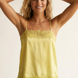Yellow Satin Slip top with Lace Trim Details
