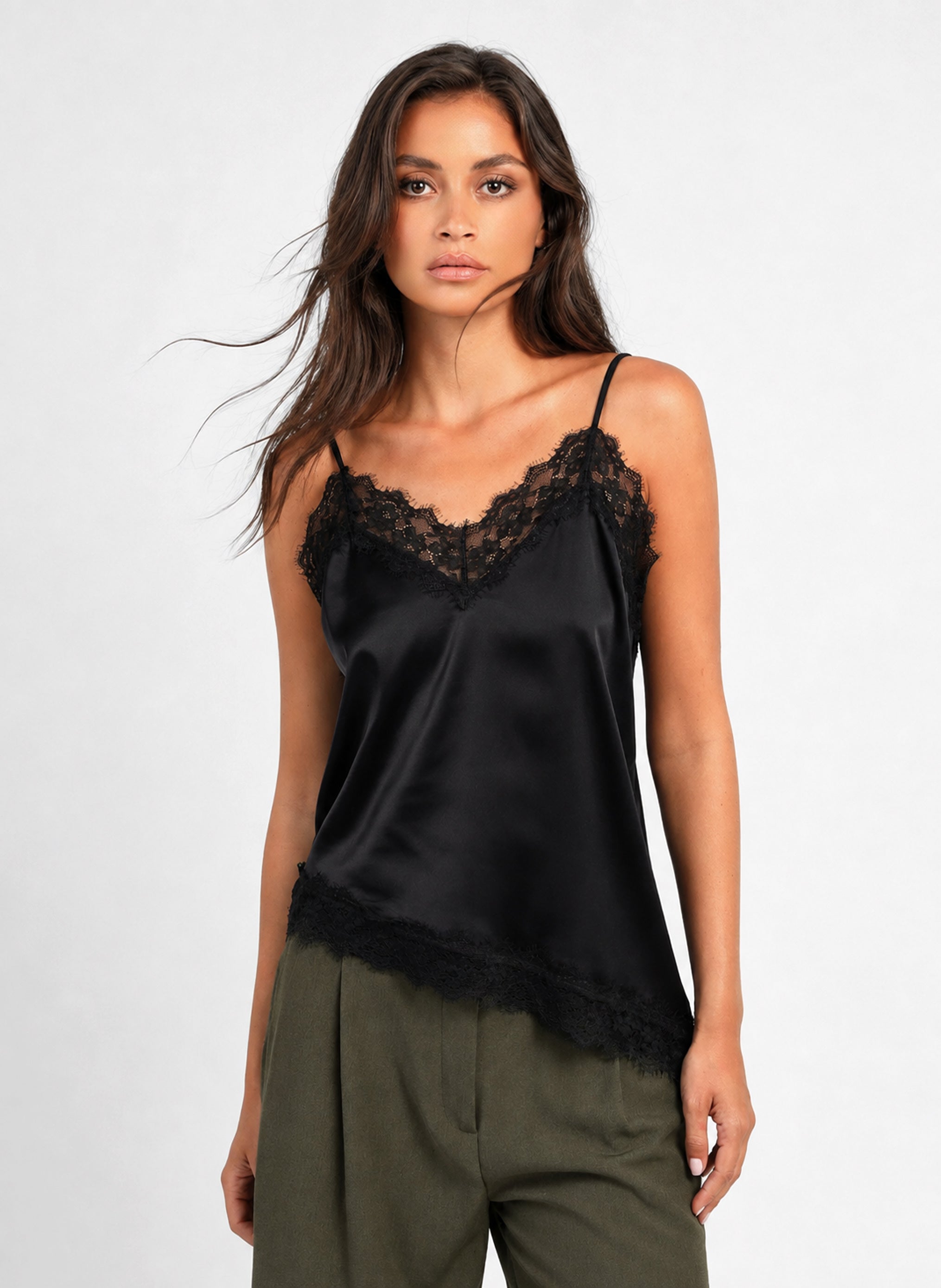 Alexine black satin-effect camisole with lace detailing by Ange Paris — product image 1