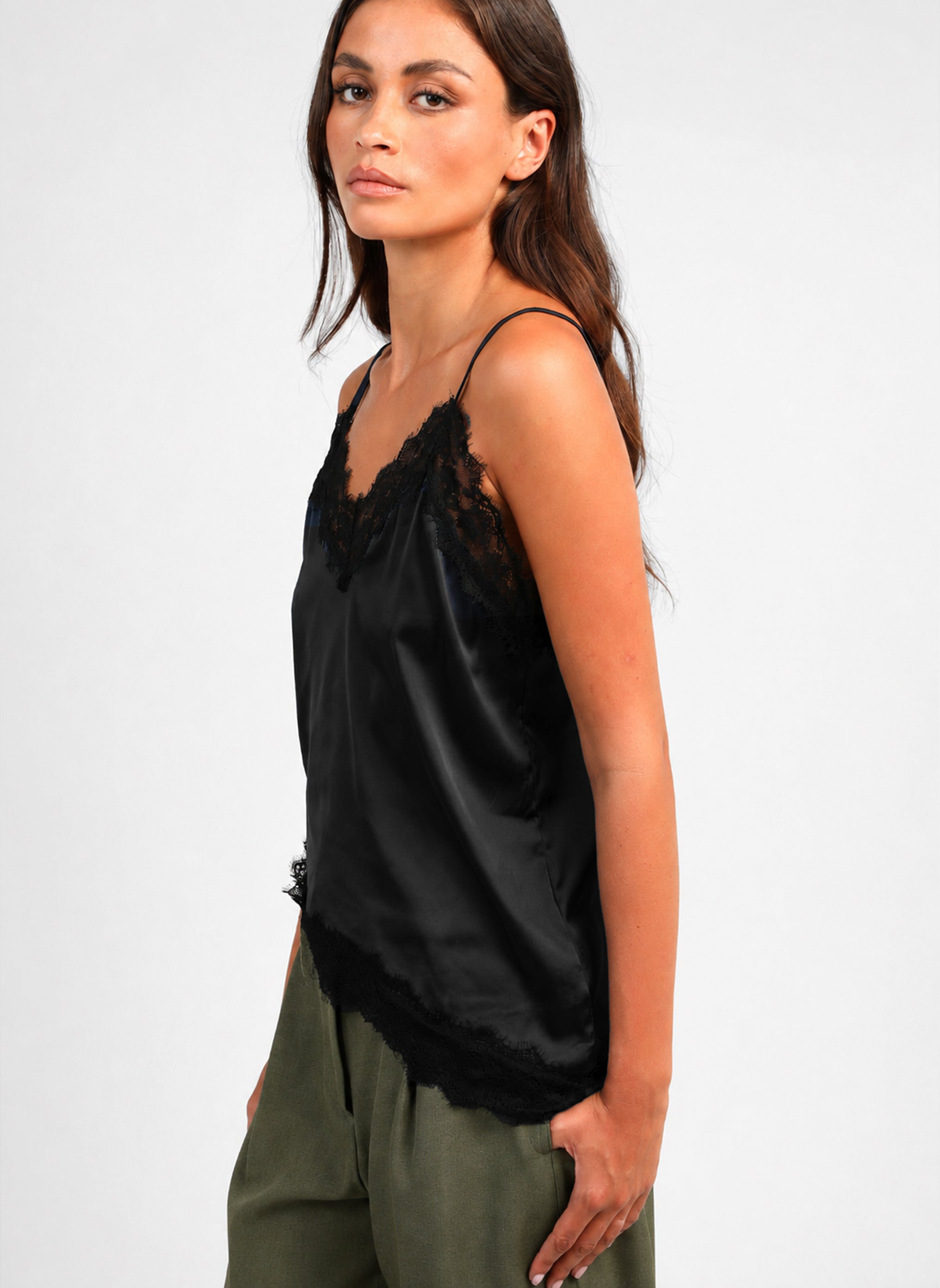 Alexine black satin-effect camisole with lace detailing by Ange Paris — product image 3