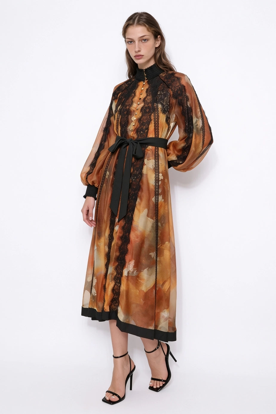Ambre Poétique orange abstract-print lace-trim maxi dress, front view with black waist sash
