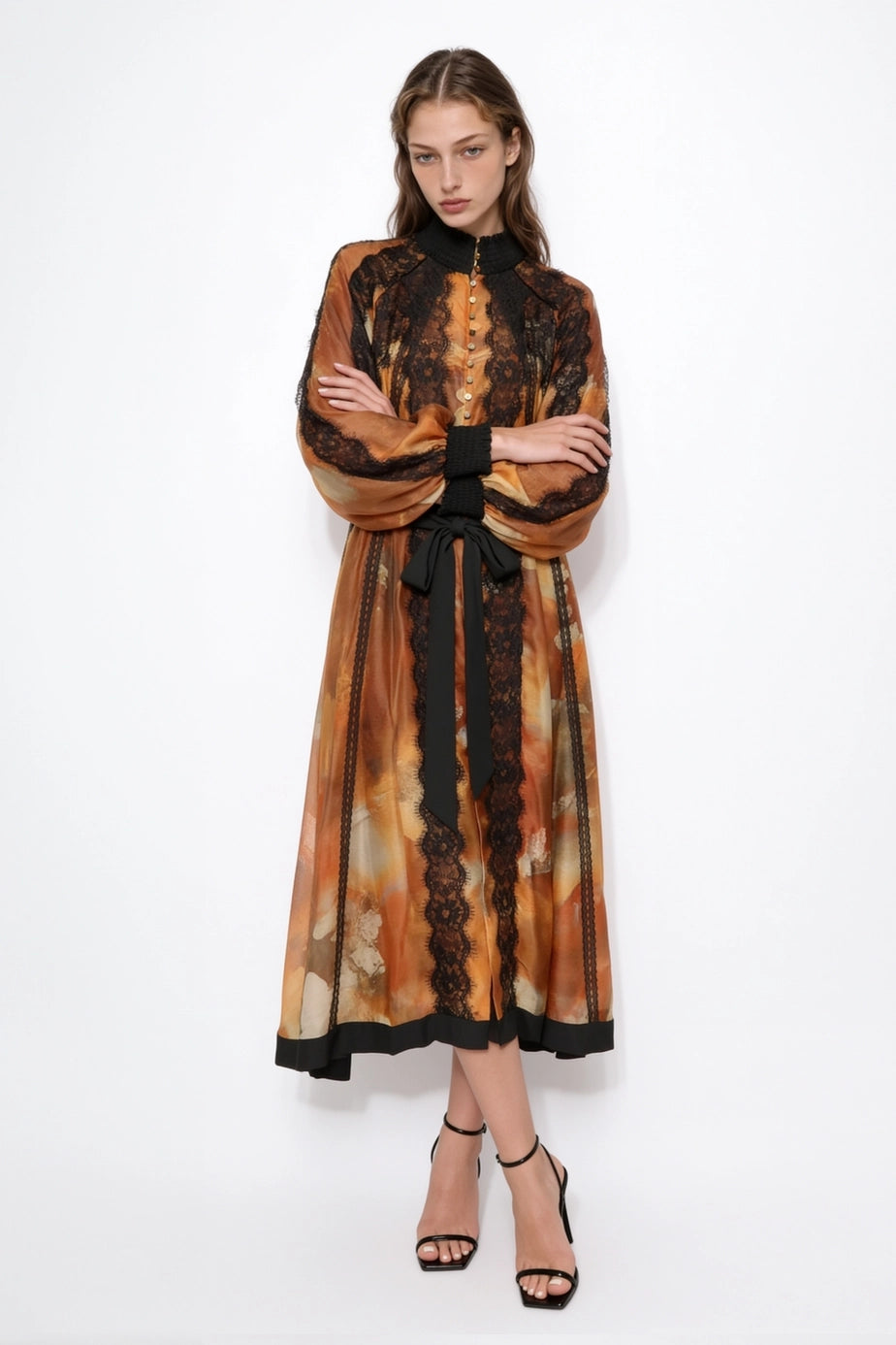 Ambre Poétique orange abstract-print lace-trim maxi dress, front styling view