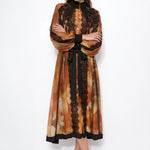 Ambre Poétique orange abstract-print lace-trim maxi dress, front styling view