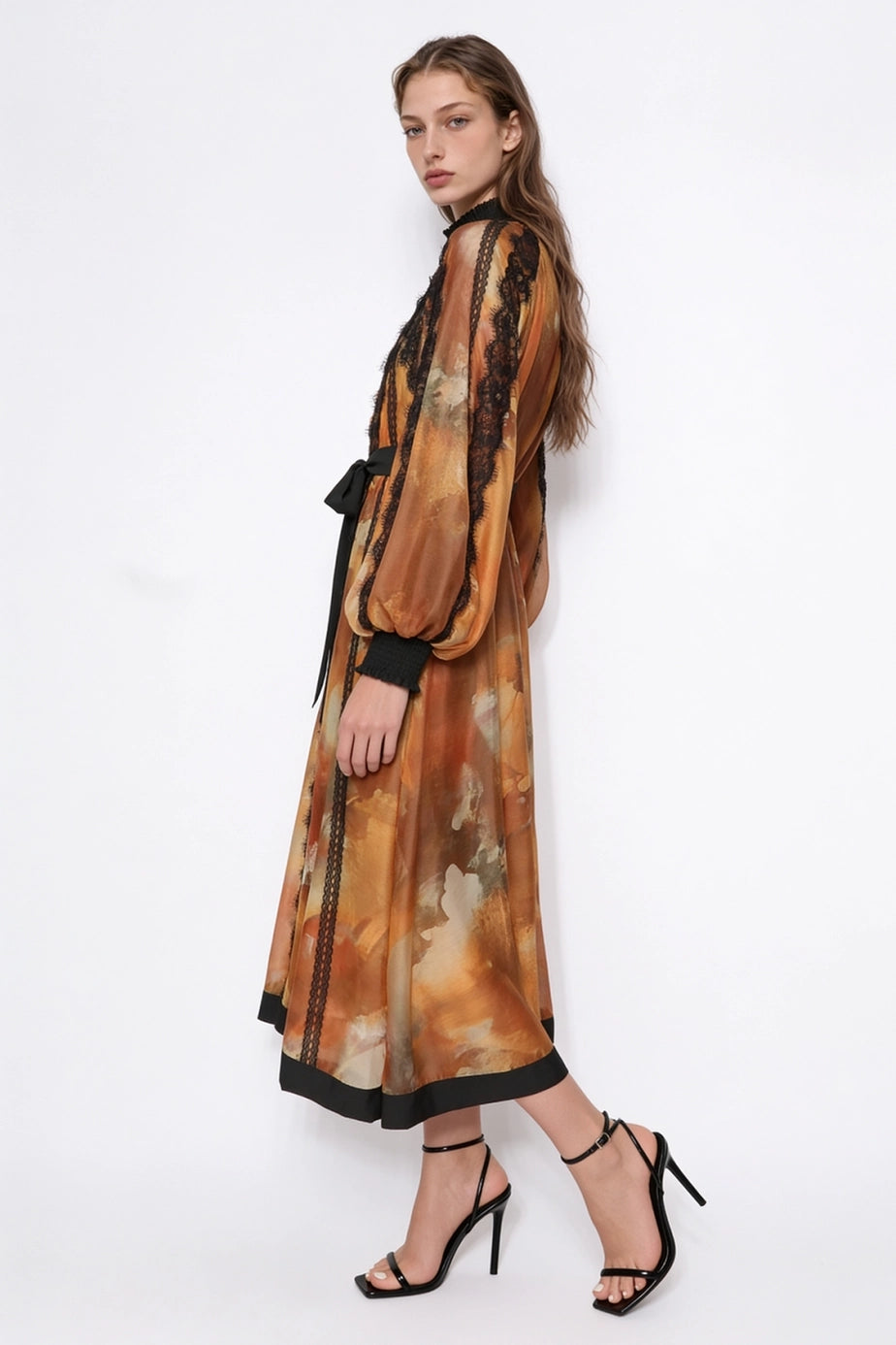 Ambre Poétique orange abstract-print lace-trim maxi dress, side view with blouson sleeve