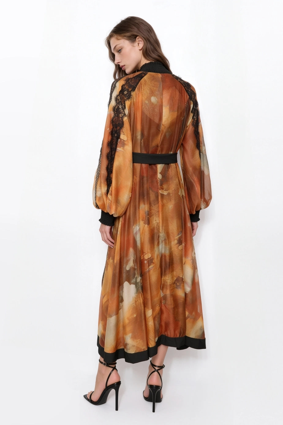 Ambre Poétique orange abstract-print lace-trim maxi dress, back view