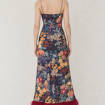 Anaïs Midnight Botanical Feather-Hem Maxi Dress — back view
