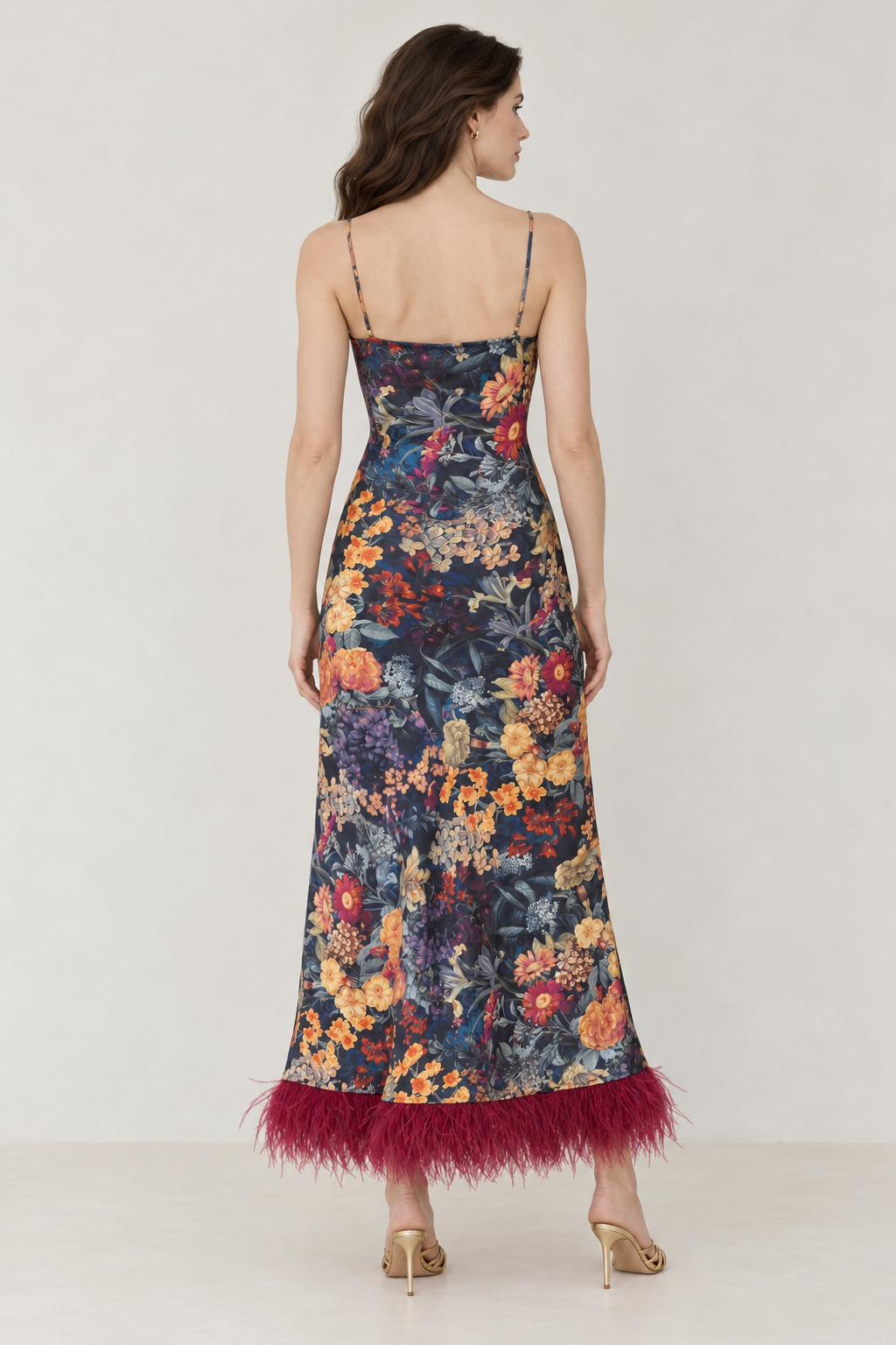 Anaïs Midnight Botanical Feather-Hem Maxi Dress — back view