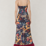 Anaïs Midnight Botanical Feather-Hem Maxi Dress — back view