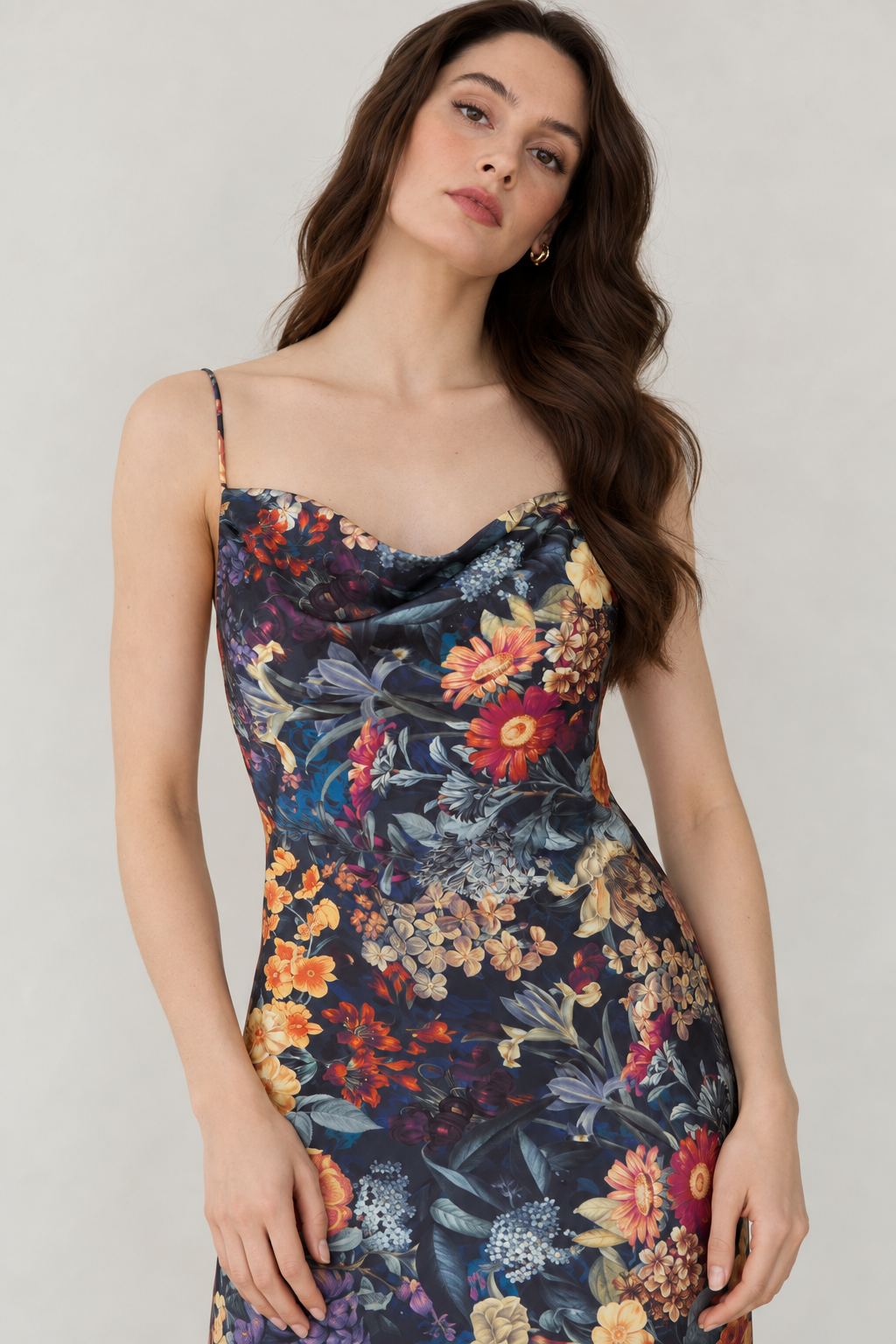 Anaïs Midnight Botanical Feather-Hem Maxi Dress — close-up view