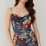 Anaïs Midnight Botanical Feather-Hem Maxi Dress — close-up view