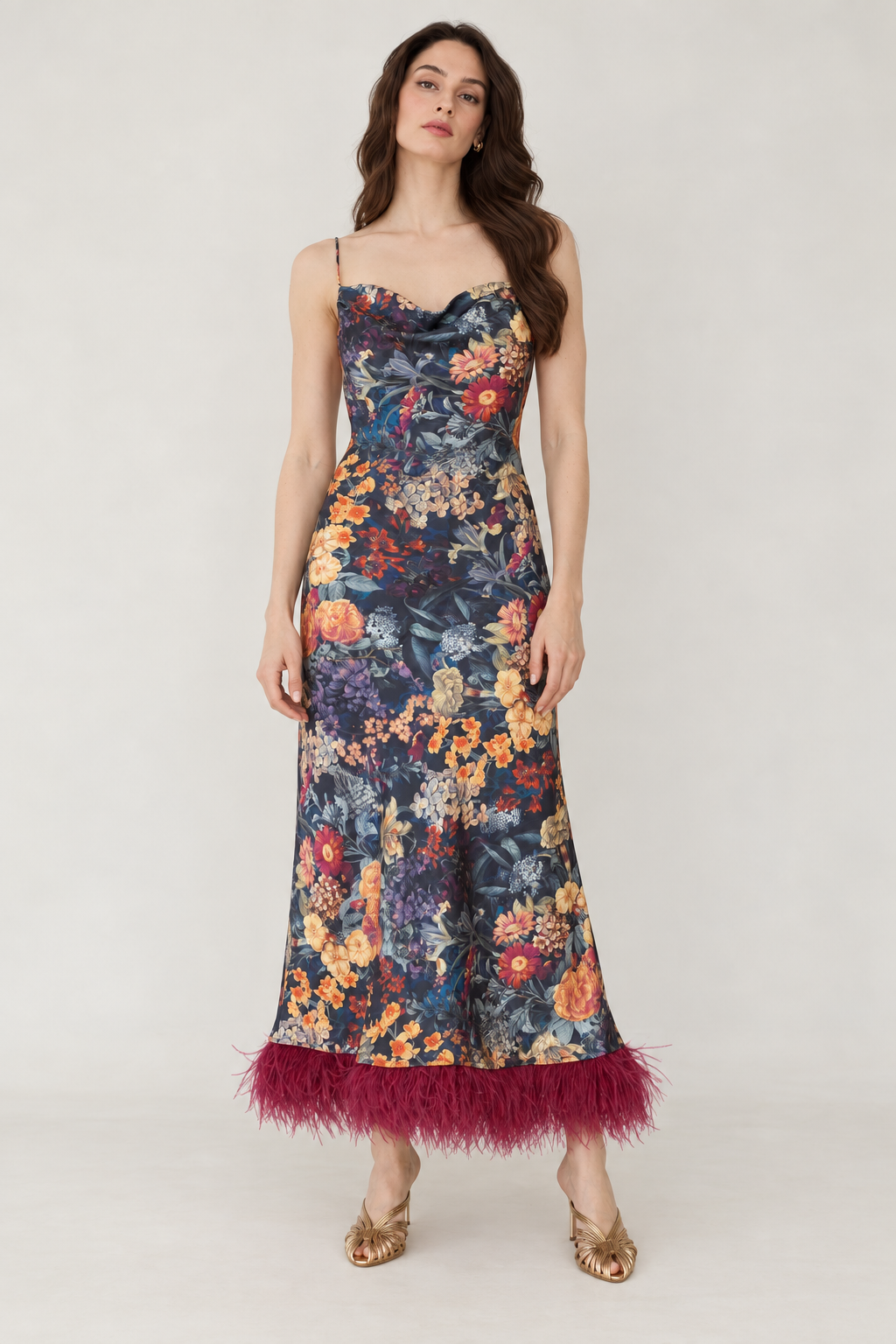 Anaïs Midnight Botanical Feather-Hem Maxi Dress — front view