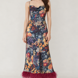 Anaïs Midnight Botanical Feather-Hem Maxi Dress — front view