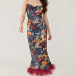 Anaïs Midnight Botanical Feather-Hem Maxi Dress — movement view