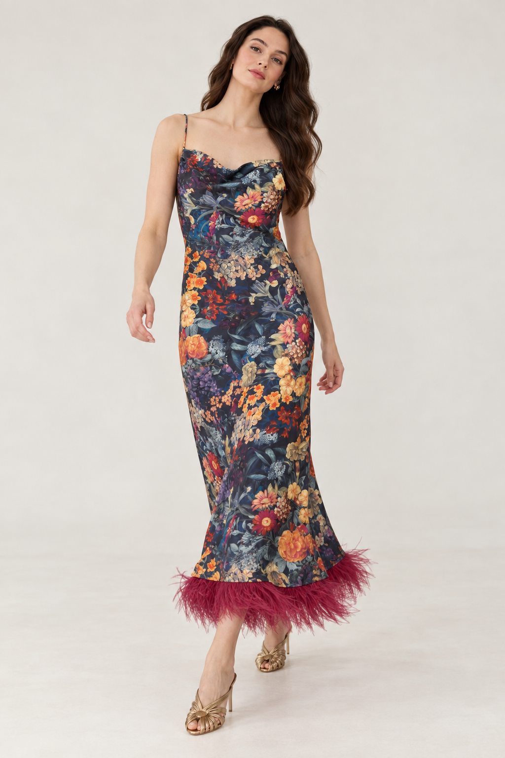 Anaïs Midnight Botanical Feather-Hem Maxi Dress — movement view
