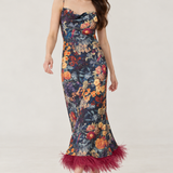 Anaïs Midnight Botanical Feather-Hem Maxi Dress — movement view