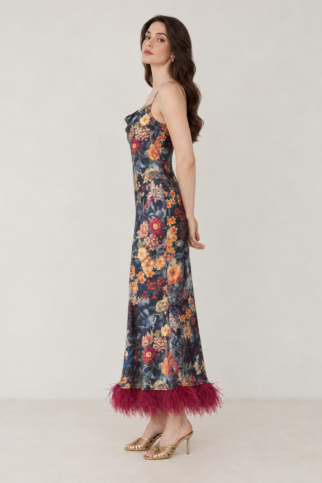 Anaïs Midnight Botanical Feather-Hem Maxi Dress — side view