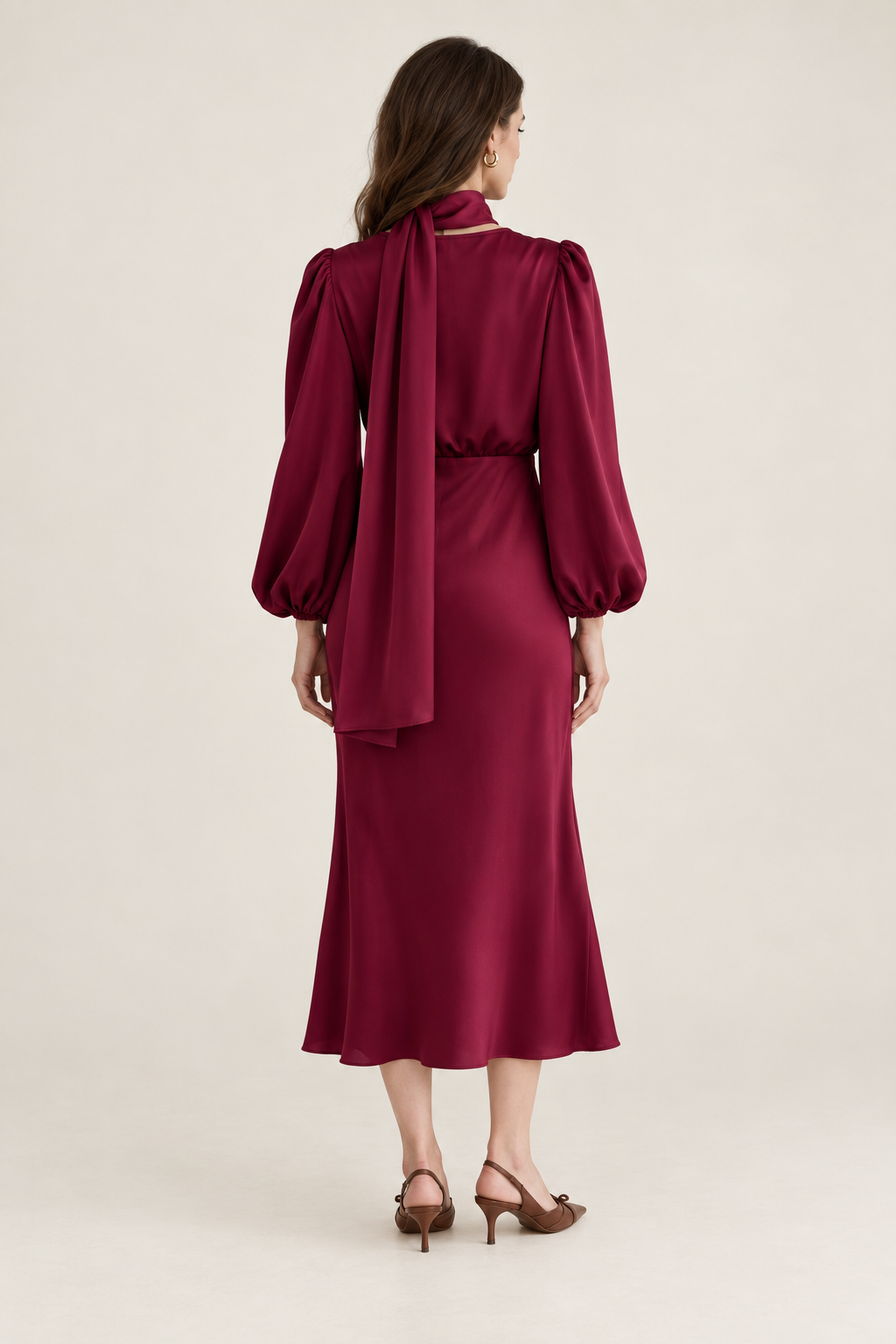 Apolline Wine Satin Scarf Midi Dress back view