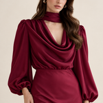 Apolline Wine Satin Scarf Midi Dress close-up view