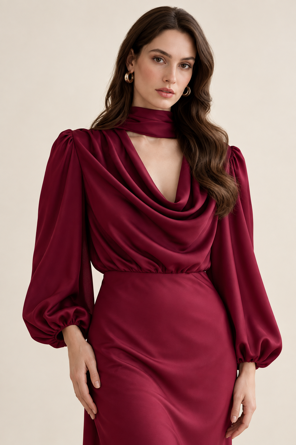 Apolline Wine Satin Scarf Midi Dress close-up view
