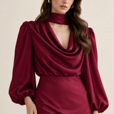 Apolline Wine Satin Scarf Midi Dress close-up view