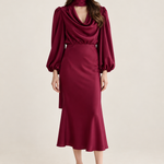 Apolline Wine Satin Scarf Midi Dress front view