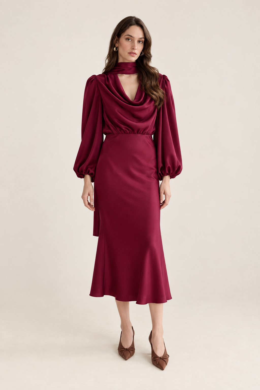 Apolline Wine Satin Scarf Midi Dress front view