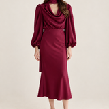 Apolline Wine Satin Scarf Midi Dress front view