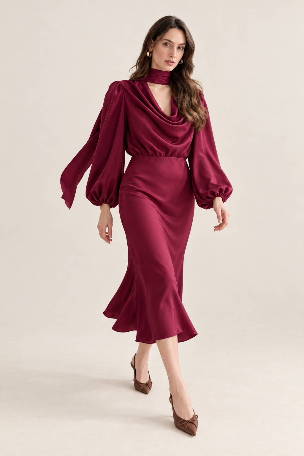 Apolline Wine Satin Scarf Midi Dress movement view
