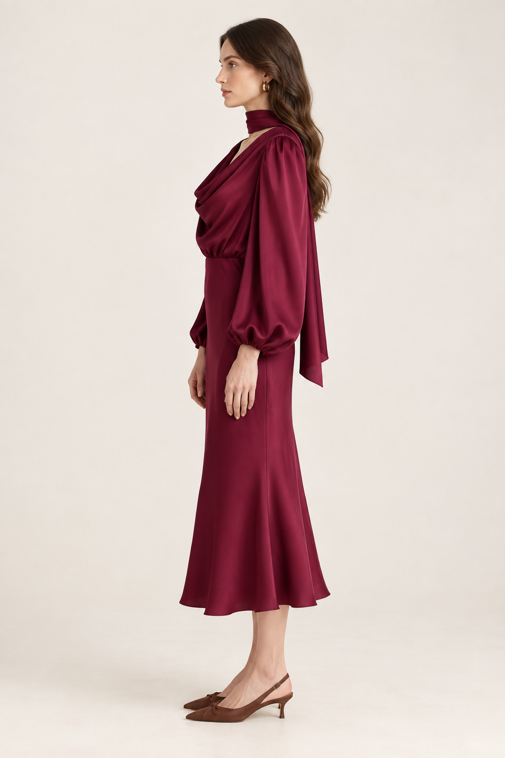 Apolline Wine Satin Scarf Midi Dress side view