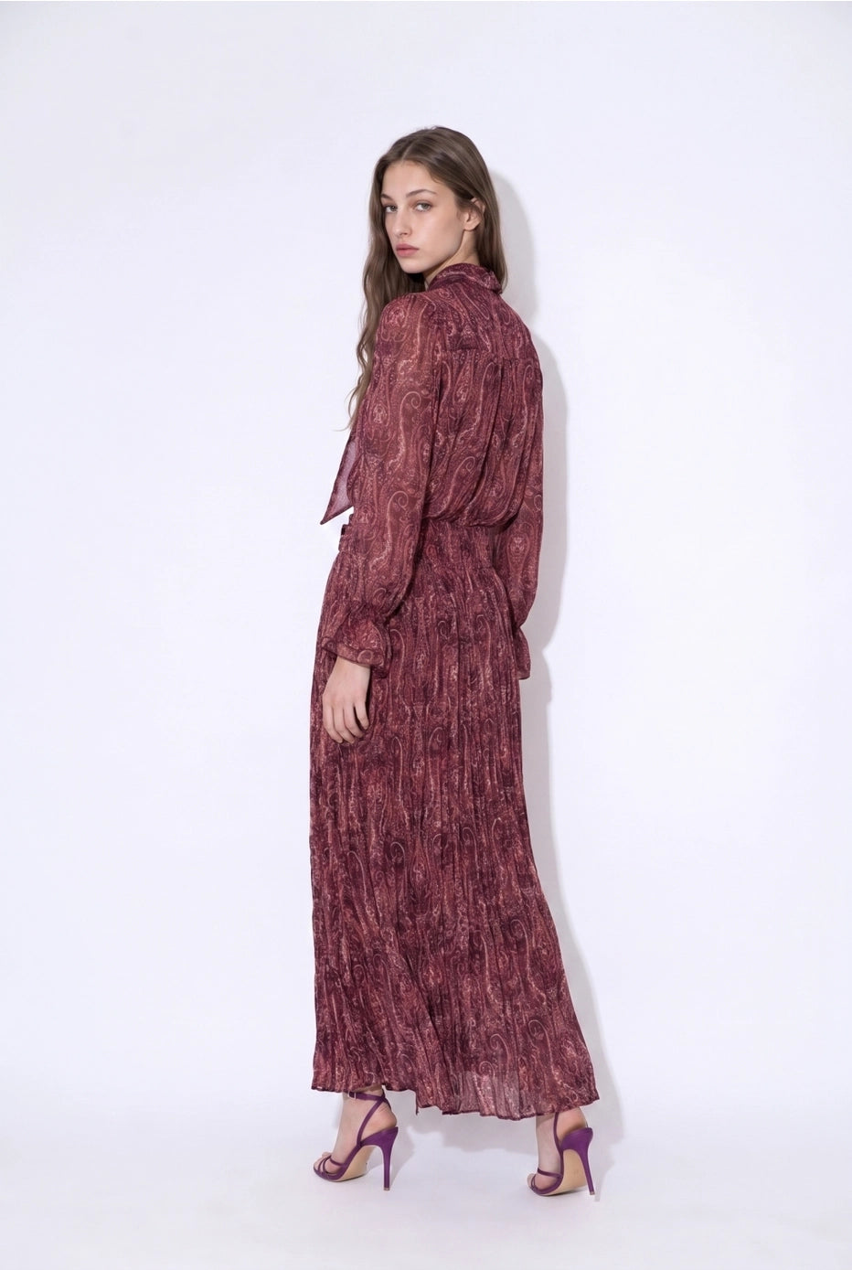 Aubergine Heirloom Blouse & Pleated Skirt Set in Purple — back view