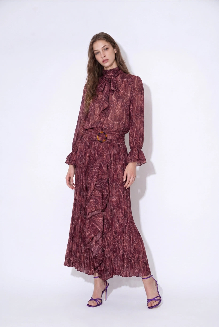 Aubergine Heirloom Blouse & Pleated Skirt Set in Purple — front view