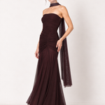 Aubergine Soirée Strapless Tulle Maxi Dress with Scarf in Chocolate Plum — angle