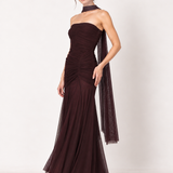 Aubergine Soirée Strapless Tulle Maxi Dress with Scarf in Chocolate Plum — angle