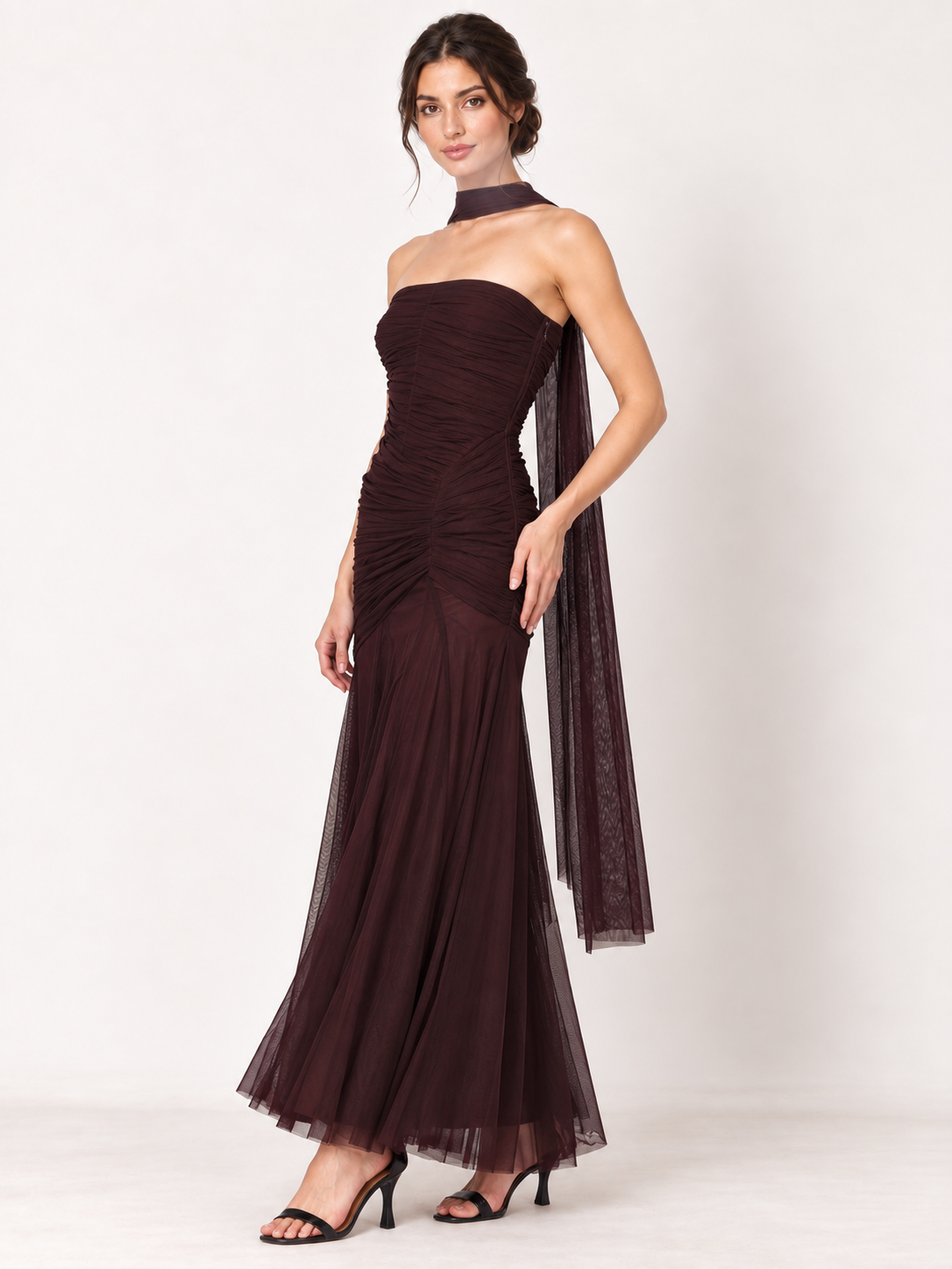 Aubergine Soirée Strapless Tulle Maxi Dress with Scarf in Chocolate Plum — angle