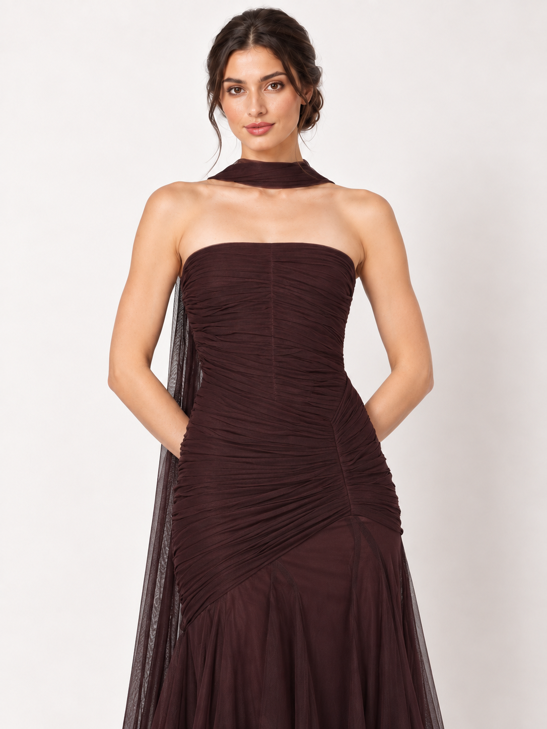 Aubergine Soirée Strapless Tulle Maxi Dress with Scarf in Chocolate Plum — detail