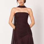 Aubergine Soirée Strapless Tulle Maxi Dress with Scarf in Chocolate Plum — detail