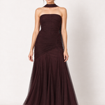 Aubergine Soirée Strapless Tulle Maxi Dress with Scarf in Chocolate Plum — front