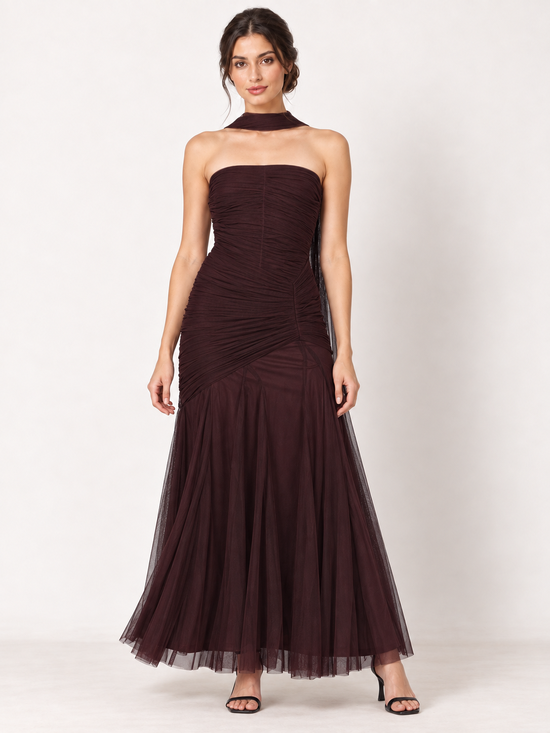 Aubergine Soirée Strapless Tulle Maxi Dress with Scarf in Chocolate Plum — front