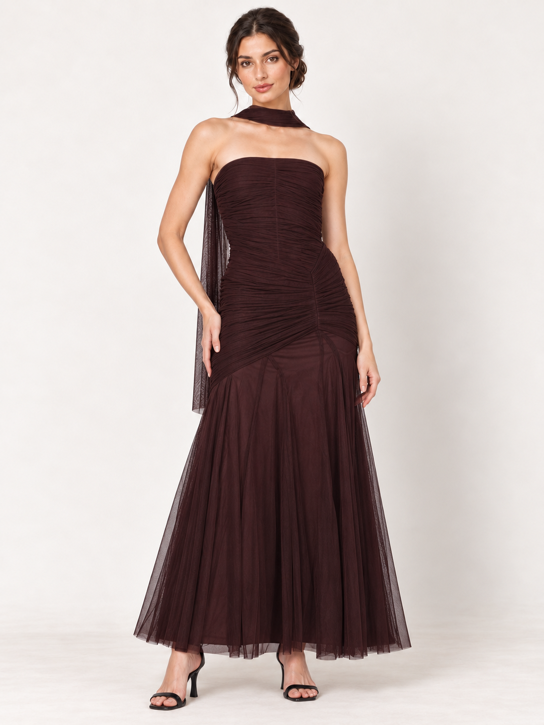 Aubergine Soirée Strapless Tulle Maxi Dress with Scarf in Chocolate Plum — pose