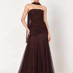 Aubergine Soirée Strapless Tulle Maxi Dress with Scarf in Chocolate Plum — pose