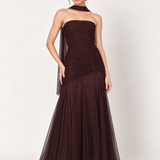 Aubergine Soirée Strapless Tulle Maxi Dress with Scarf in Chocolate Plum — pose